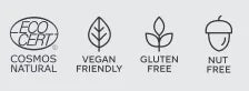 EcoCert Cosmos Natural, veganistisch, glutenvrij, notenvrij pictogrammen op een lichte achtergrond