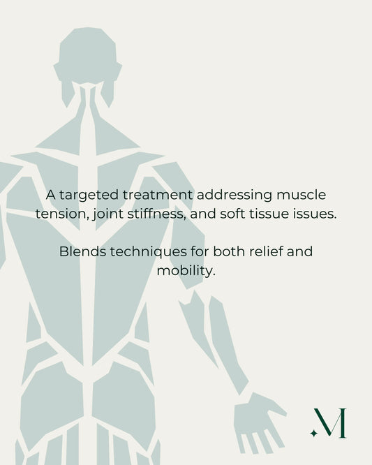 Abstracte gespierde figuur die de voordelen van therapeutische massage voor spierspanning en mobiliteit benadrukt.