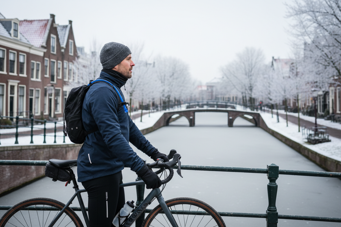 Man cycling in winter gear beside a snowy Dutch canal, urban wellness lifestyle