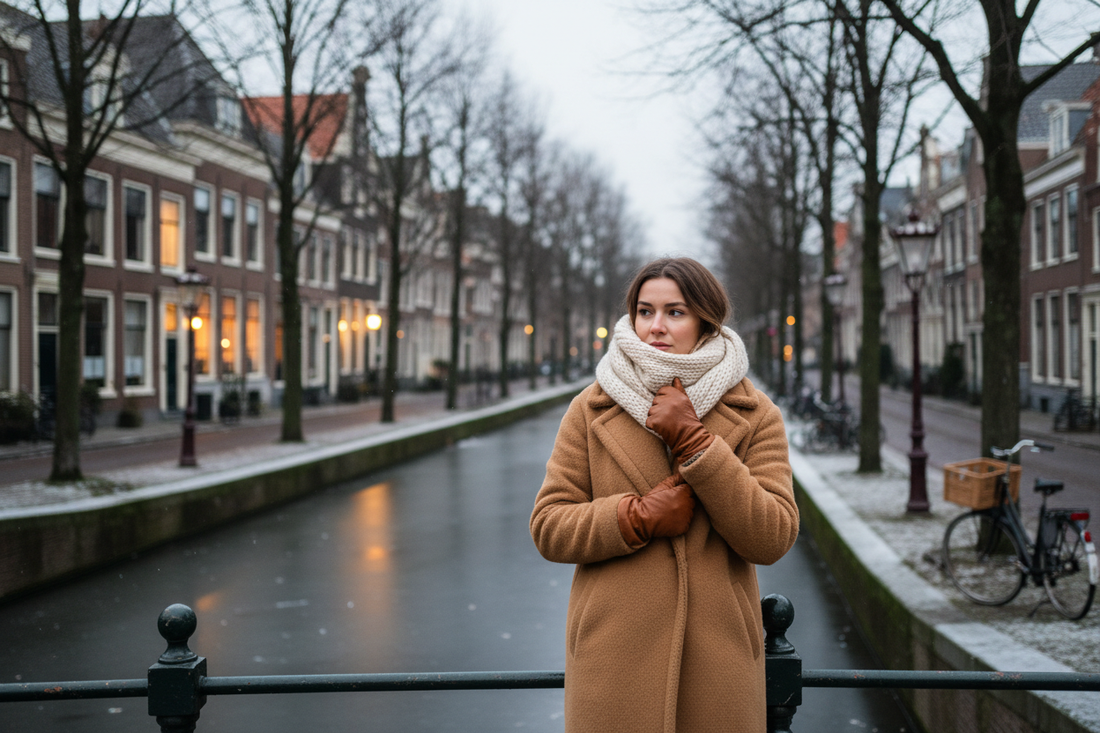 Vrouw in winterkleding bij gracht in Nederlandse stad tijdens koude winterdag